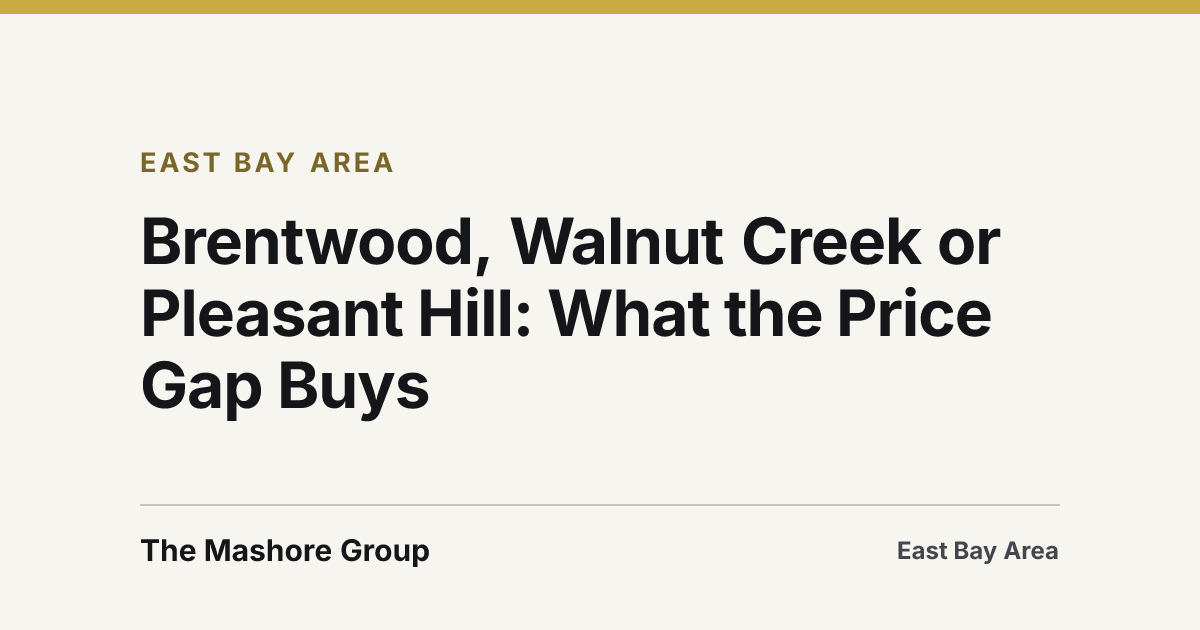 Title card for the article: Brentwood, Walnut Creek or Pleasant Hill: What the Price Gap Buys