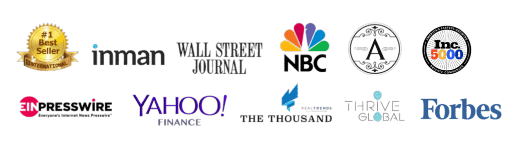 Outlets and lists where Krista Mashore's work has appeared, including Inman, The Wall Street Journal, NBC, Inc. 5000, EIN Presswire, Yahoo Finance, RealTrends The Thousand, Thrive Global and Forbes